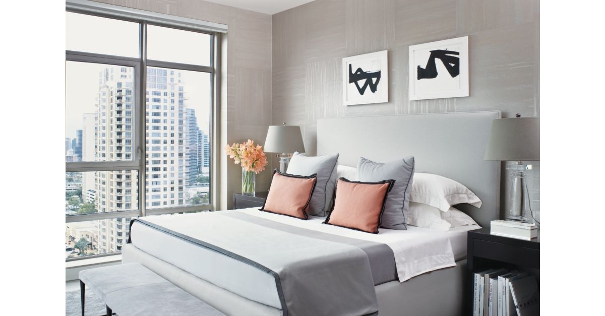 Contemporary Gray Bedroom with Silk Wallcoverings - Luxe Interiors + Design