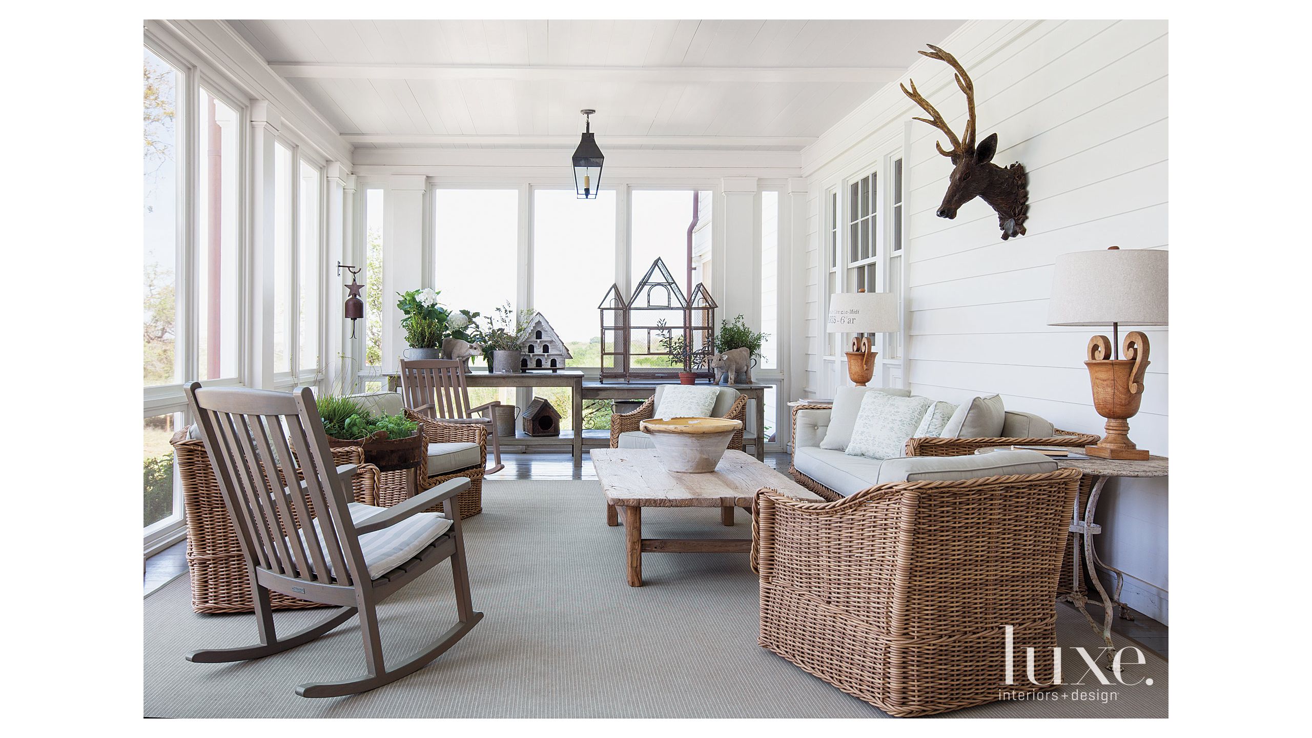 White And Cream Traditional Country Screened Back Porch