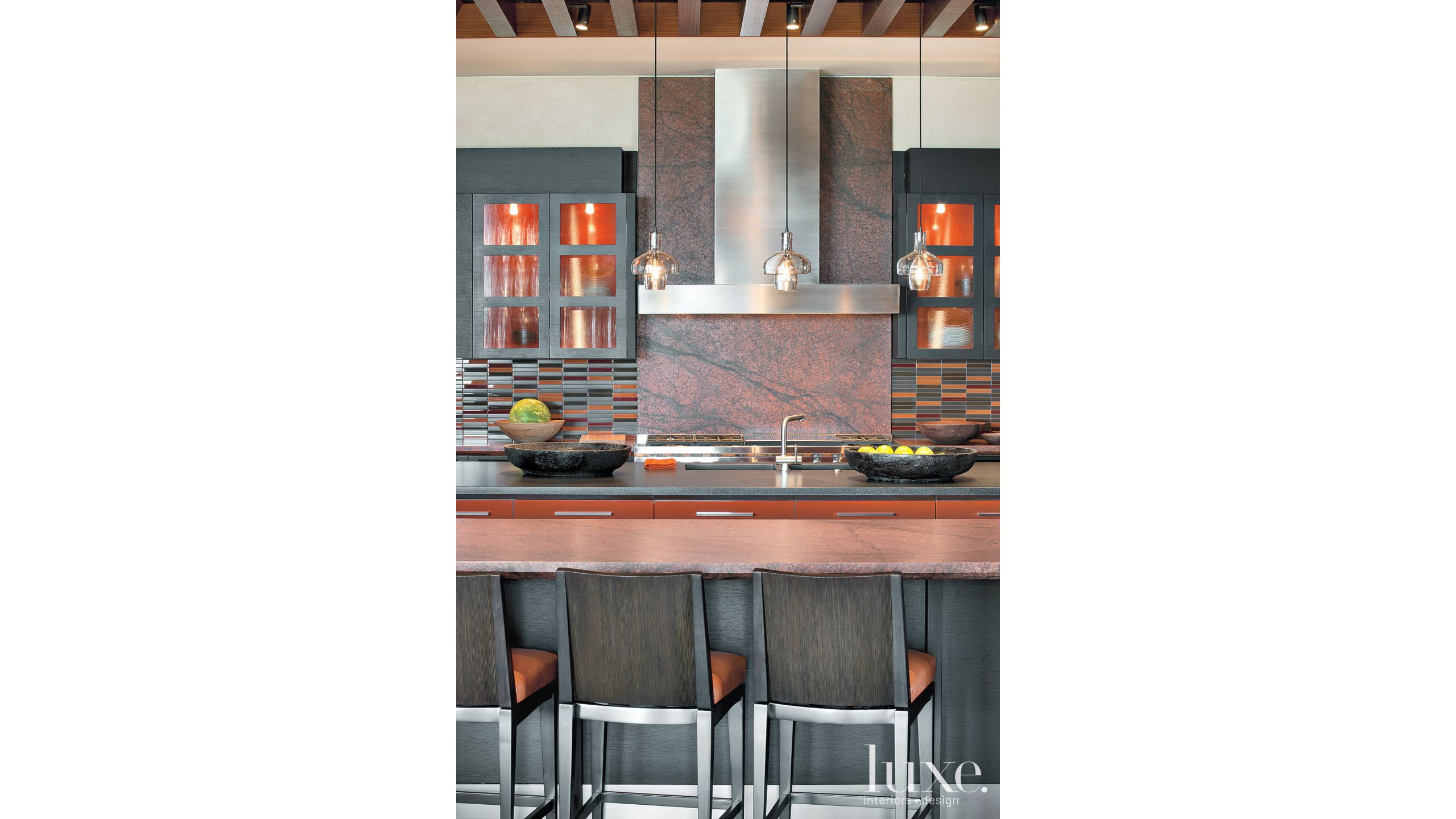 Modern Red Kitchen With Brushed Granite Countertops Luxe