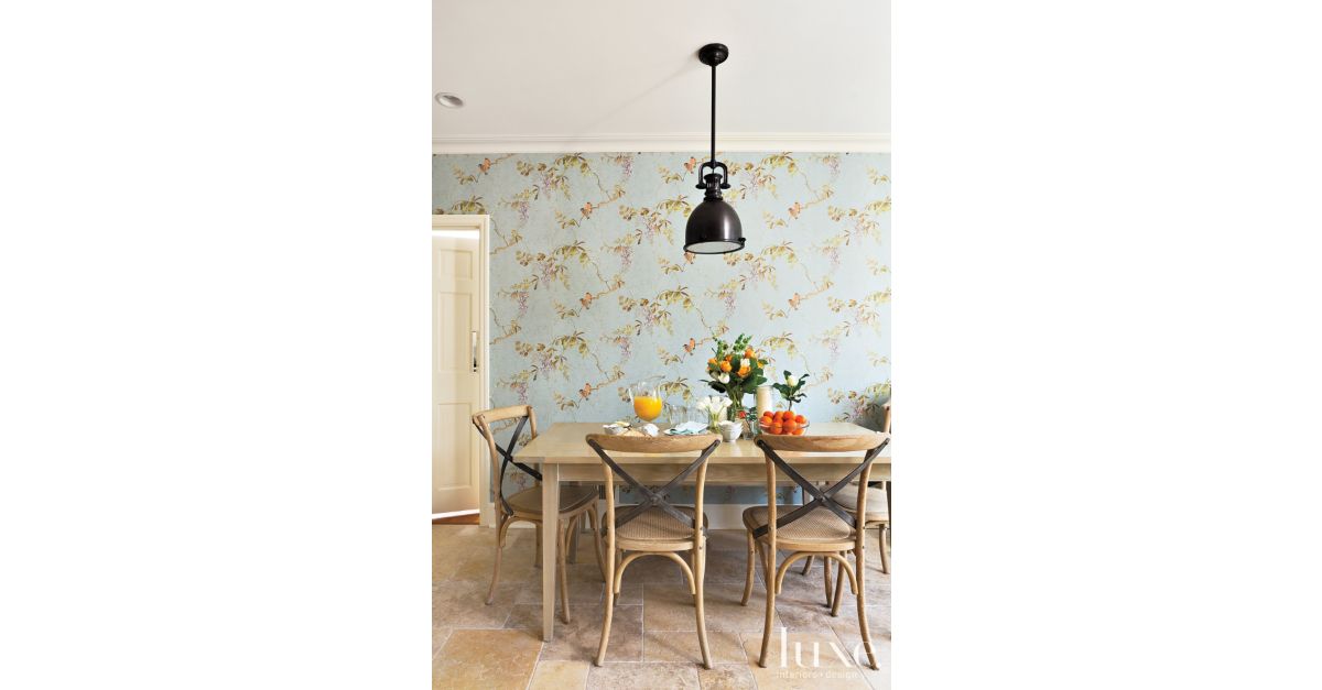 Transitional Blue Breakfast Nook with Floral Wallpaper - Luxe Interiors