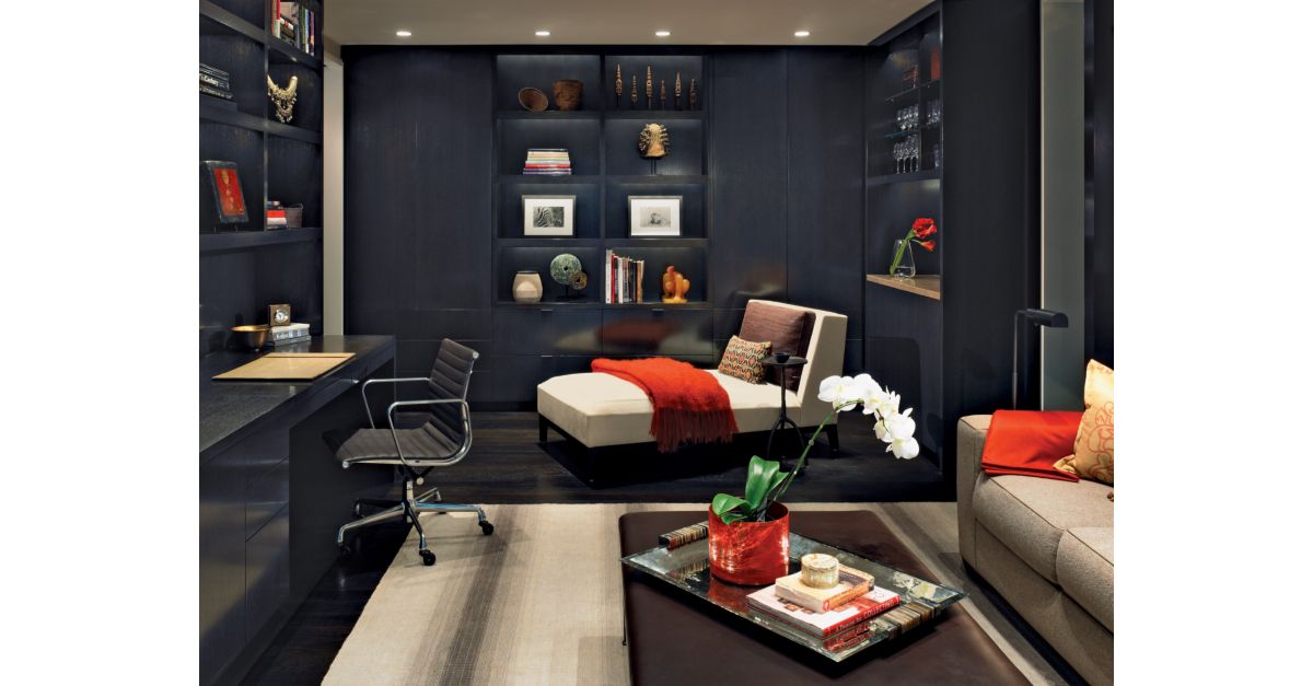 Contemporary Black Office with Red Accents Luxe Interiors + Design
