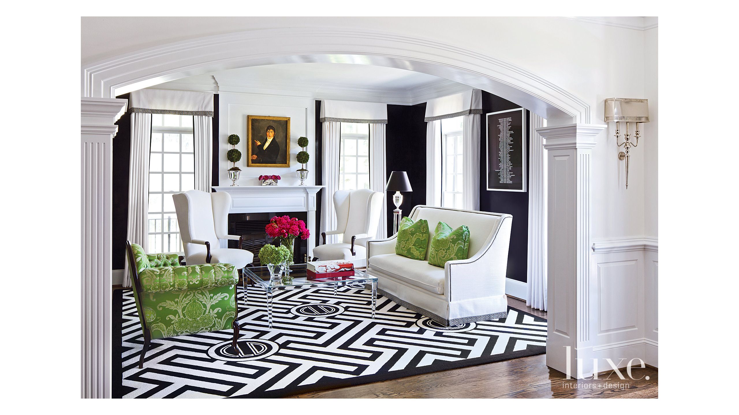 Transitional Black And White Living Room With Green Accents