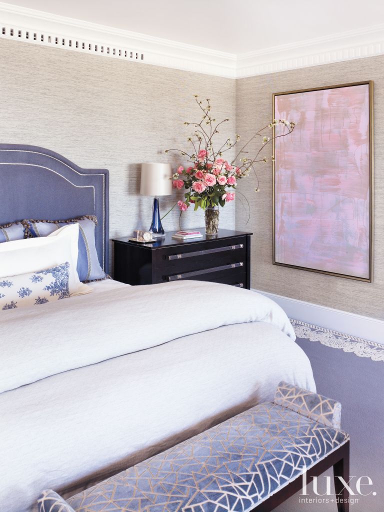 White And Cream Traditional Bedroom With Purple Accents