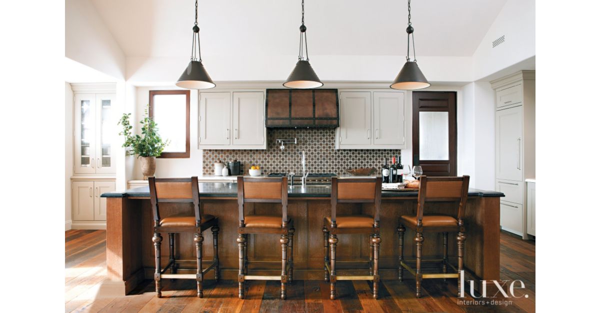 Transitional White Kitchen with Mahogany Barstools Luxe Interiors