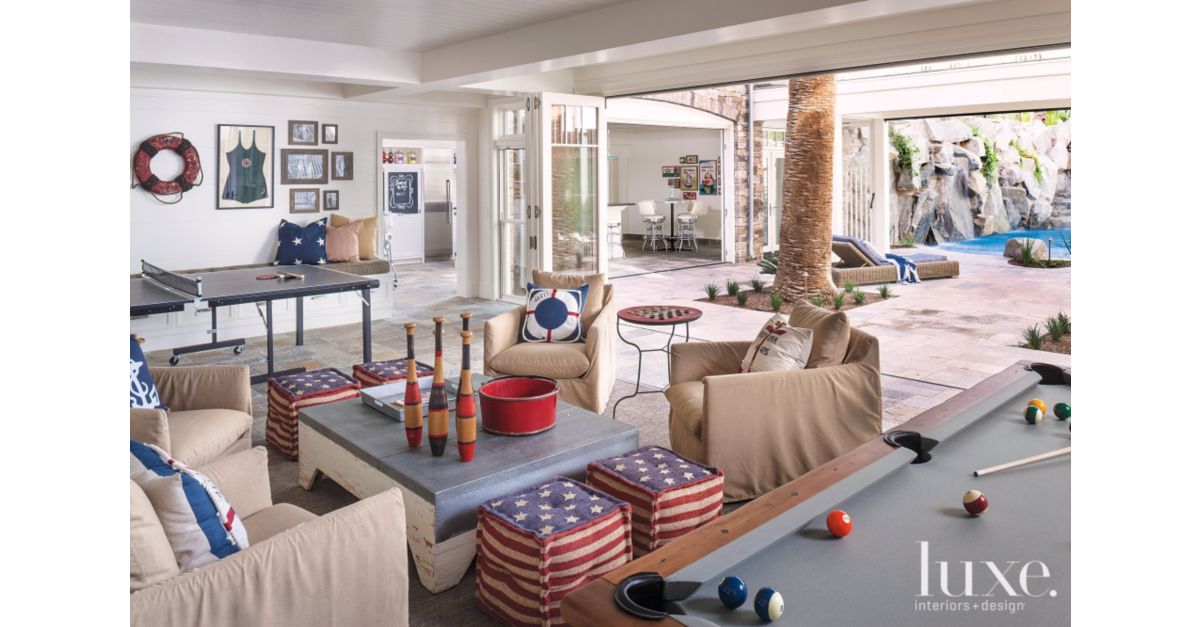 Eclectic White Game Room with Swivel Chairs Luxe Interiors + Design