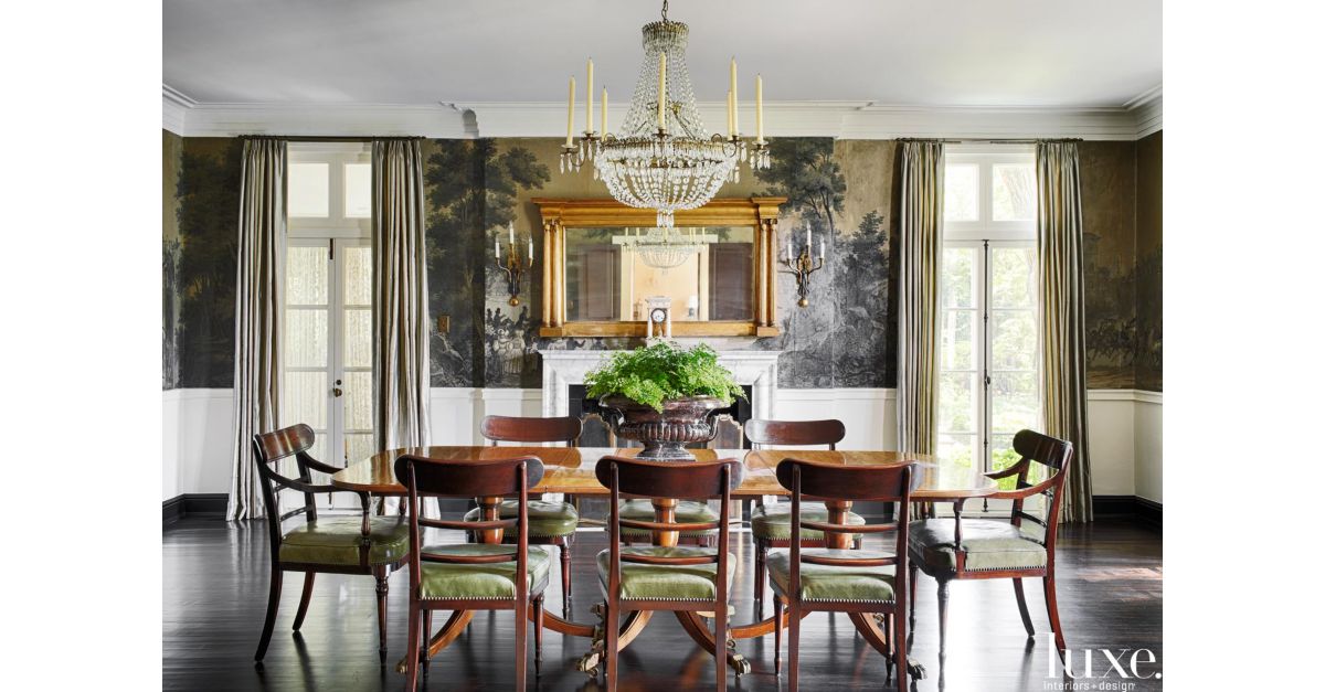 Traditional Neutral Dining Room with Vintage Wallpaper 