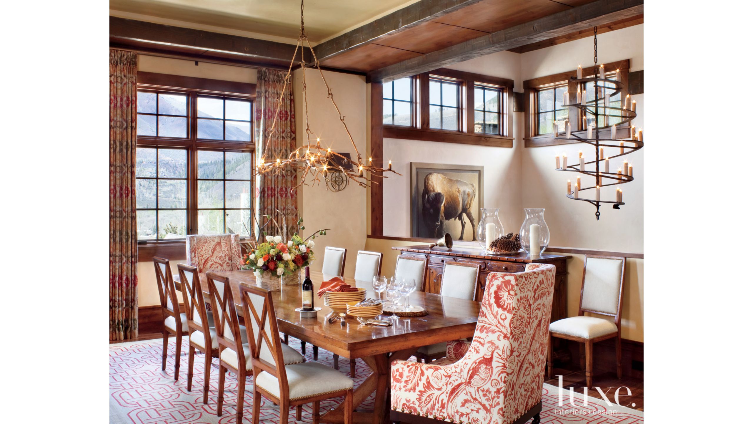 Cream Mountain Dining Room With Floral Head Chairs Luxe
