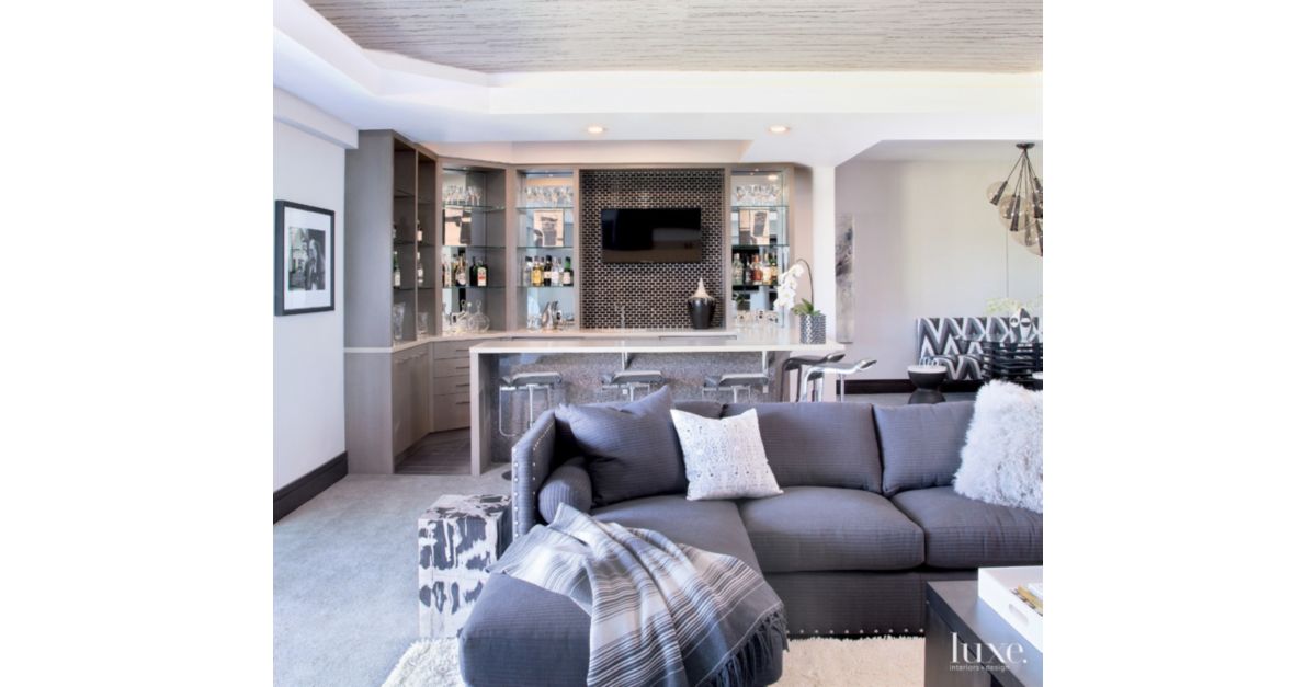 Contemporary White Rec Room with Bar Area Luxe Interiors + Design