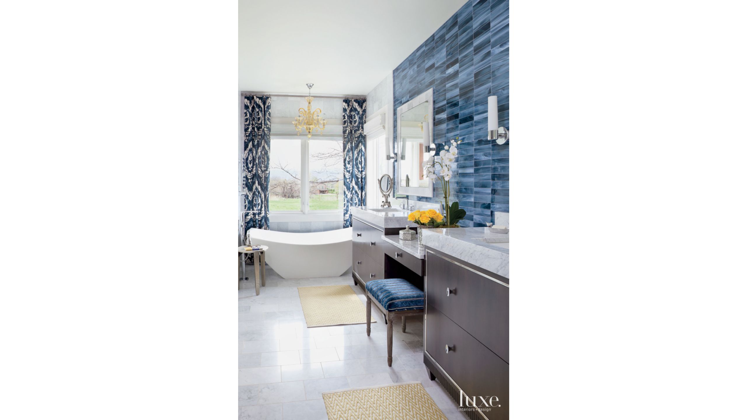Eclectic White Bathroom With Blue Tile Accent Wall Luxe