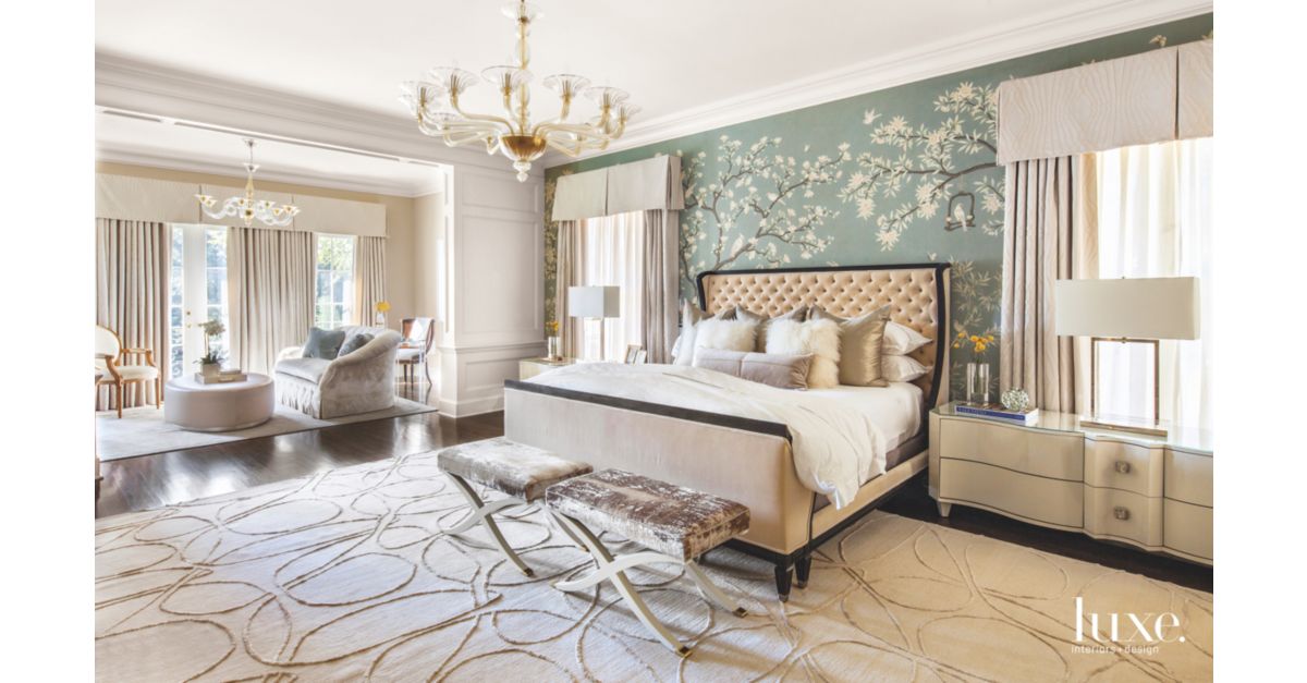 HandPainted Wallpaper Backdrop Master Bedroom with Chandelier Luxe