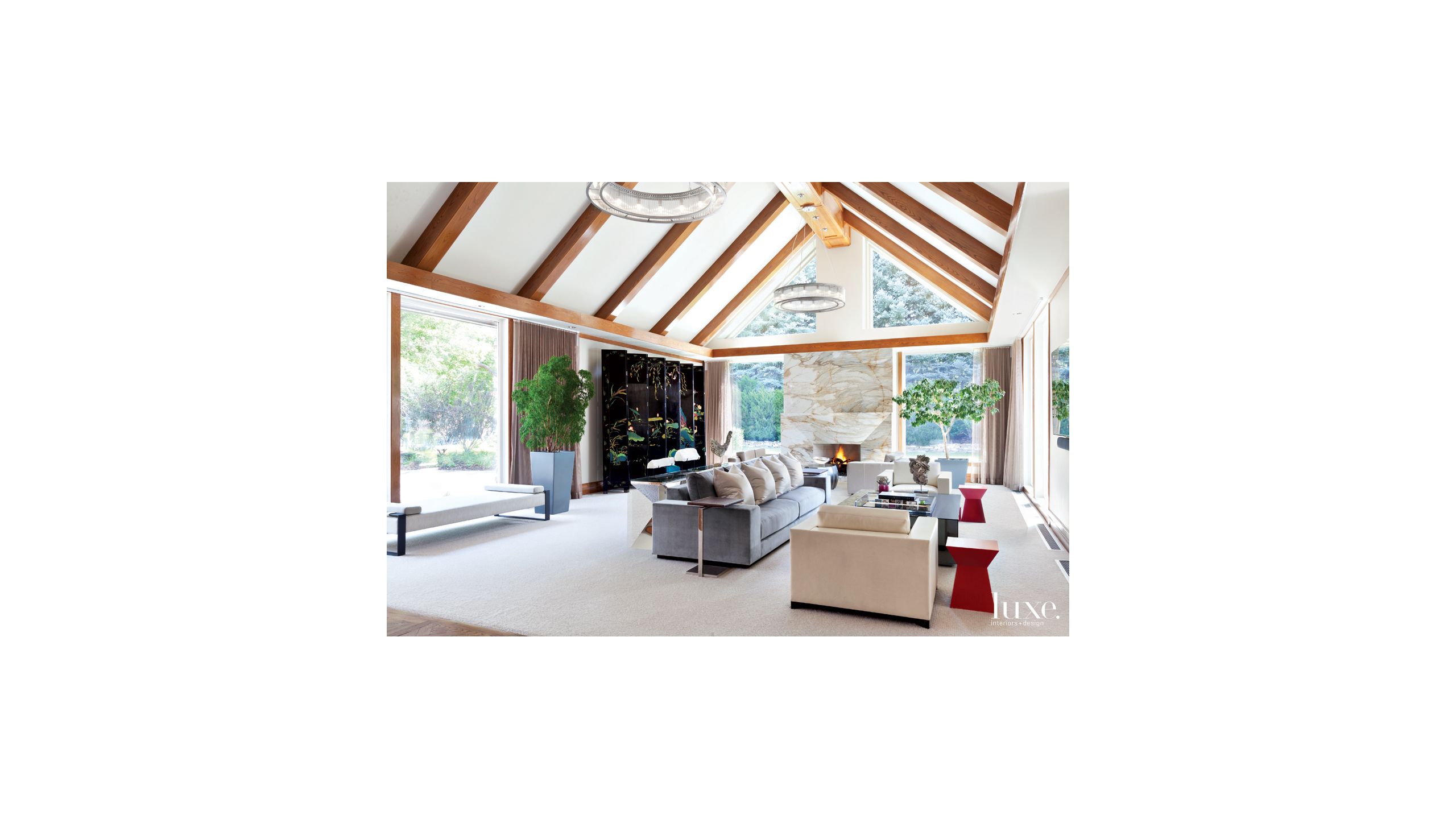 Modern White Great Room With Vaulted Ceiling Luxe Interiors Design