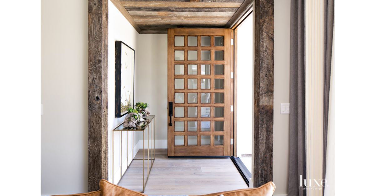 Contemporary Neutral Entry with Rustic Wood Lattice Door 