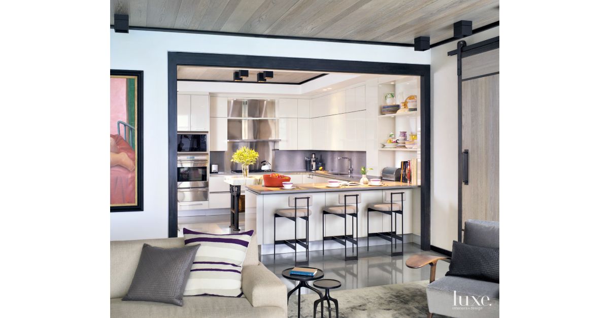 Contemporary White Kitchen With Narrow Island Luxe