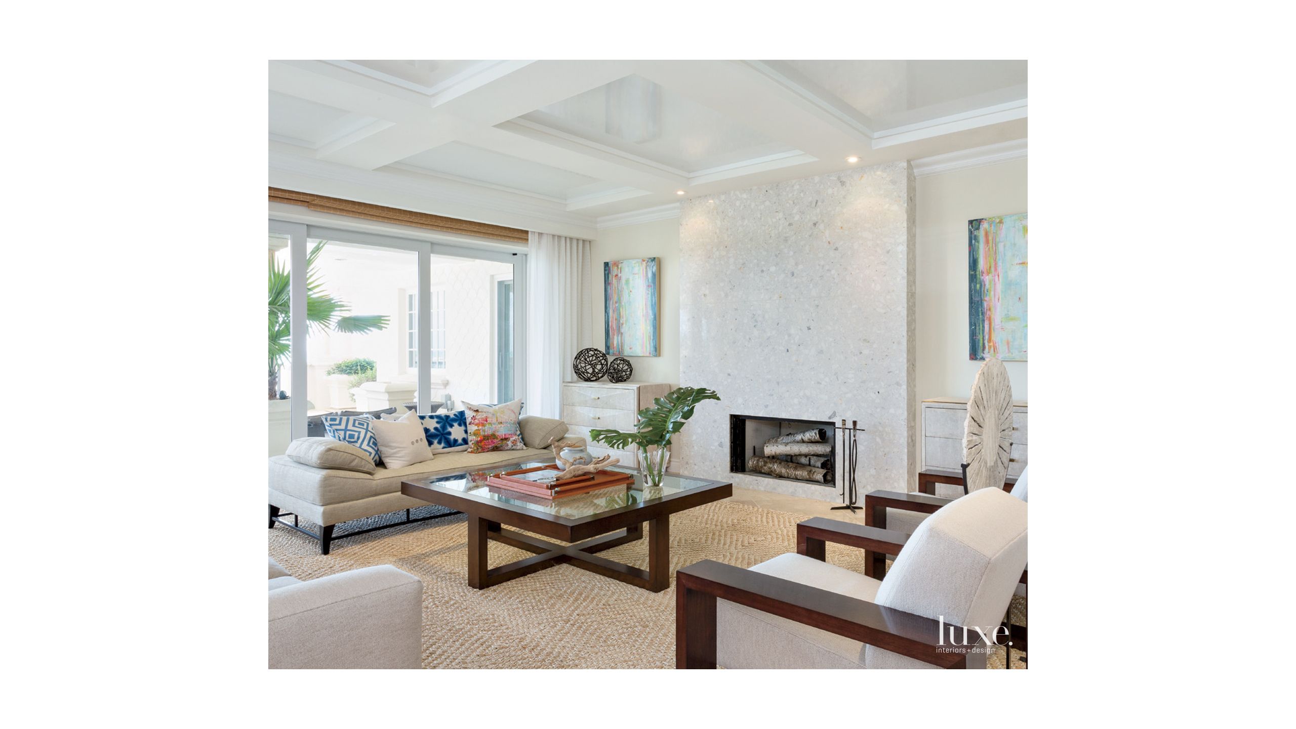 Transitional White Living Room With Coffered Ceiling Luxe