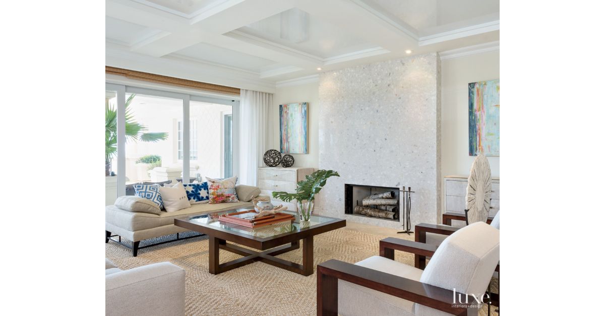 Transitional White Living Room with Coffered Ceiling ...