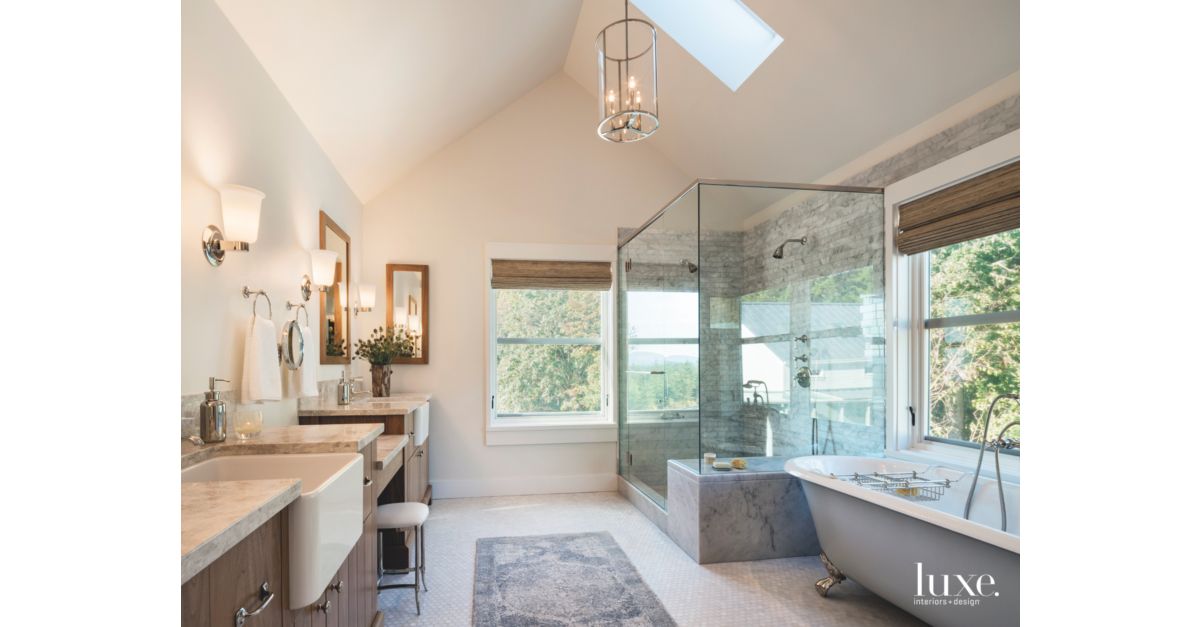 Vaulted Ceiling Master Bathroom with Large Shower Farmhouse Sink and
