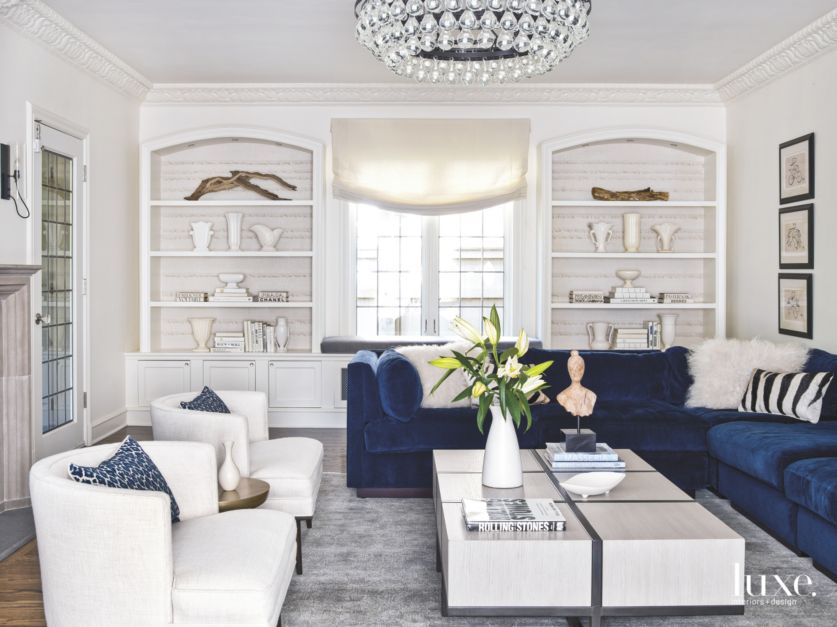 Color Pop Blue Velvet Sofa in White Living Room - Luxe Interiors + Design