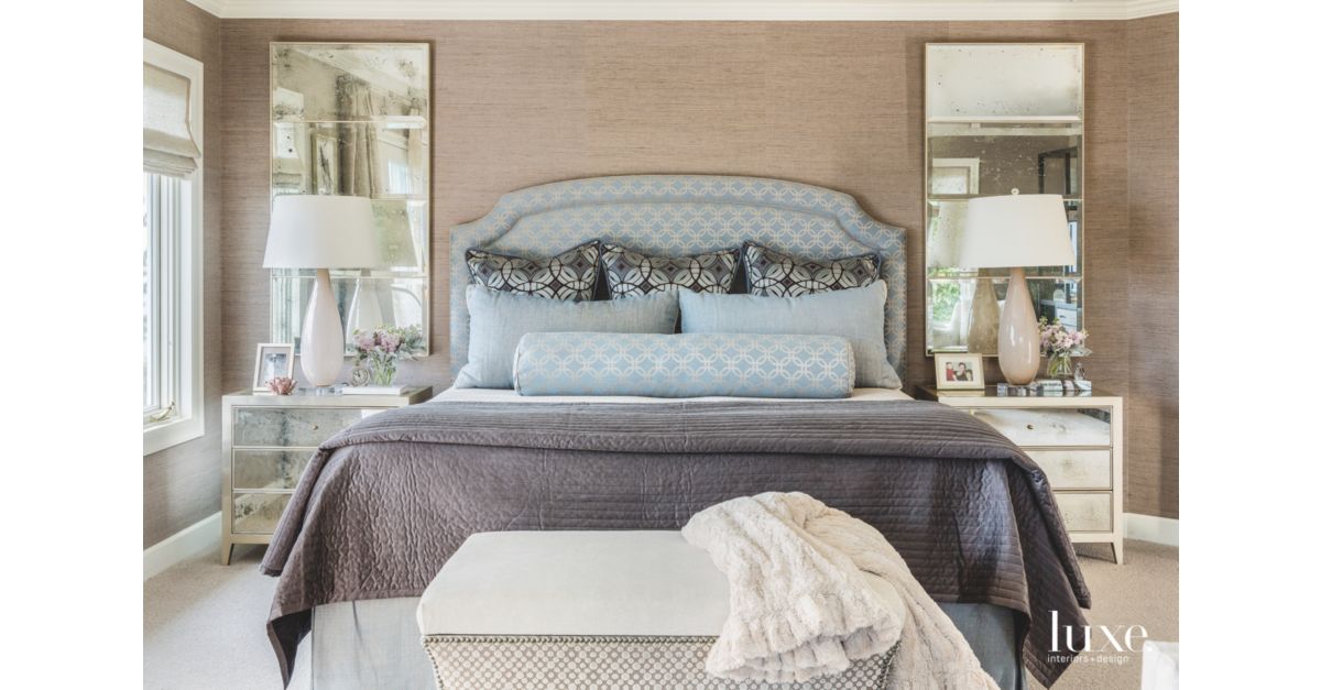 Blue Upholstered Headboard Master Bedroom with Neutral Elements - Luxe