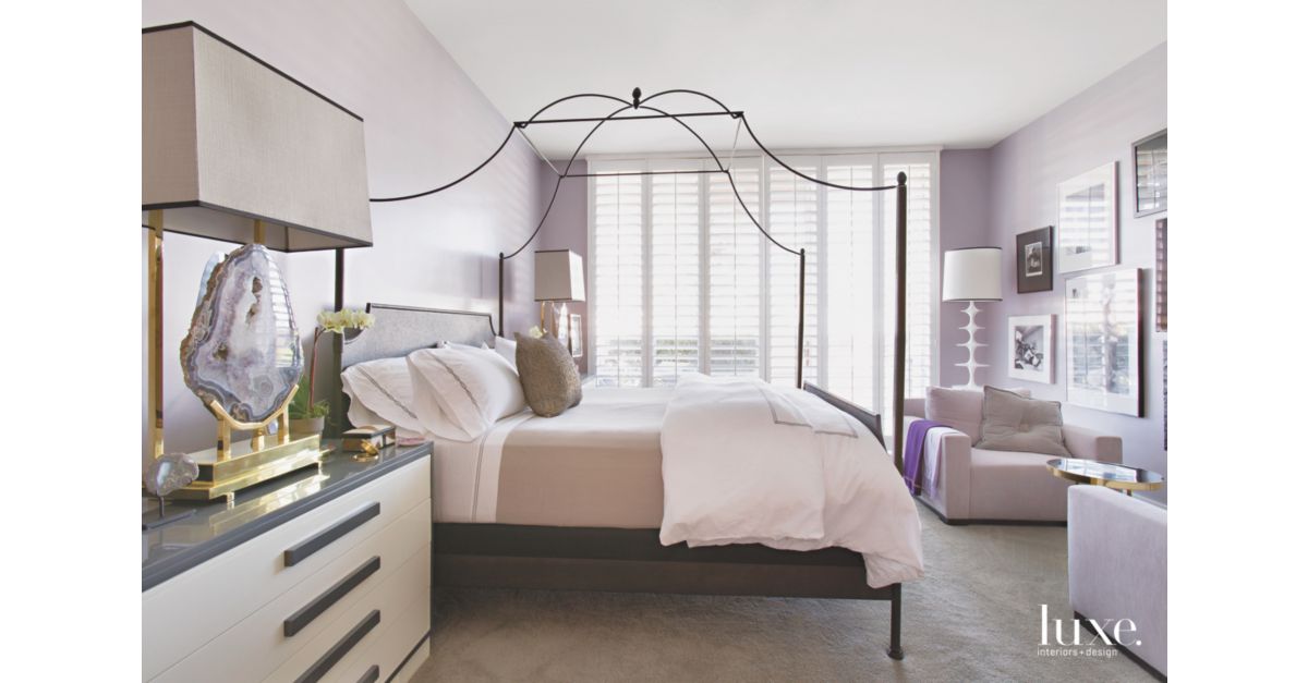 Gray-Lavender Master Bedroom with Delicate Four Poster Bed and Geode ...
