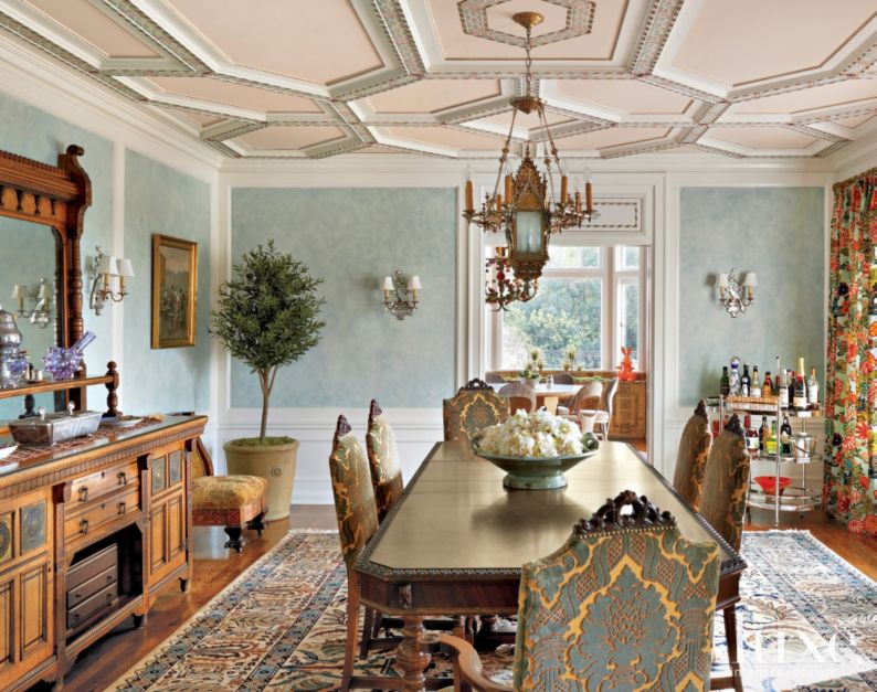 Aqua and Gold Mediterranean Dining Room - Luxe Interiors + Design