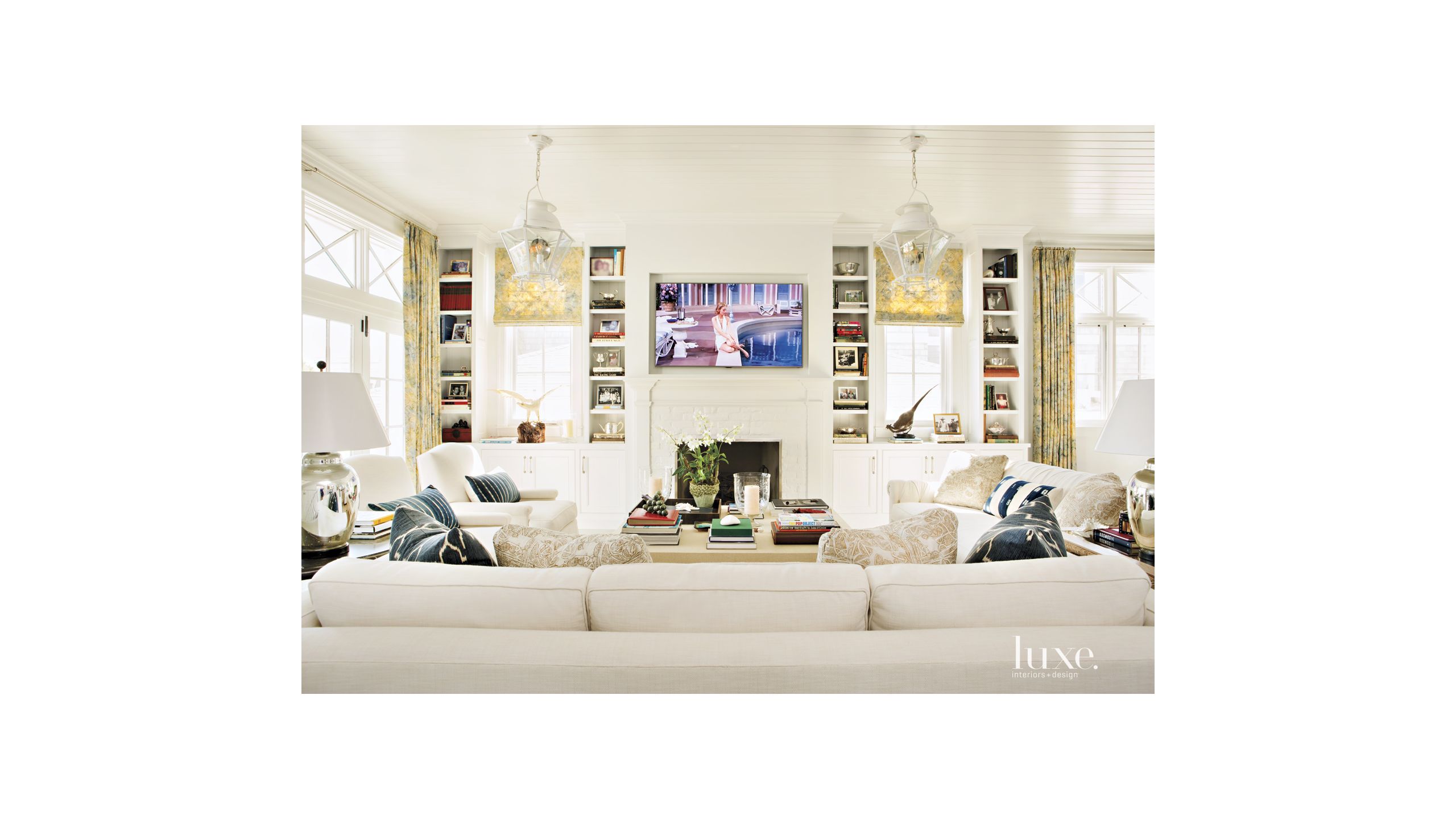 Contemporary Cream Living Room With Beadboard Ceiling Luxe