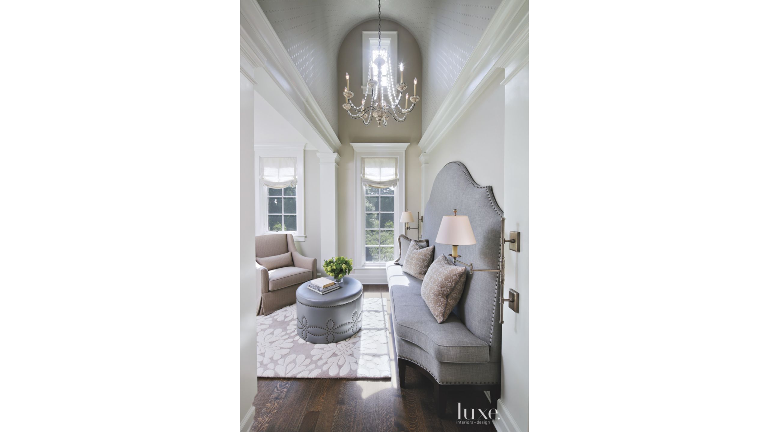 Transitional White Sitting Area With Barrel Vault Ceiling