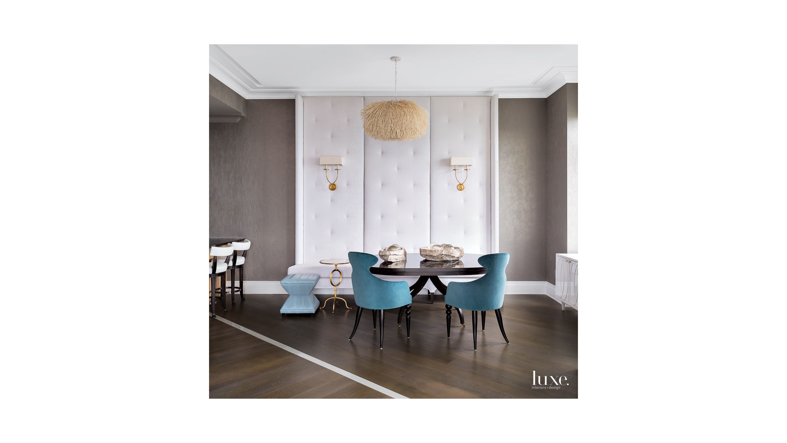 Eclectic Gray Dining Area With Tufted Banquette Luxe Interiors