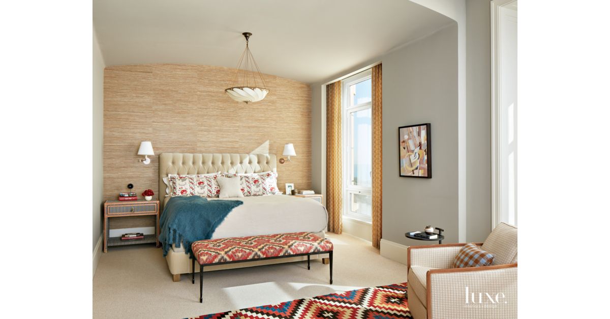 Transitional Gray Master Bedroom with Grasscloth Accent Wall Luxe