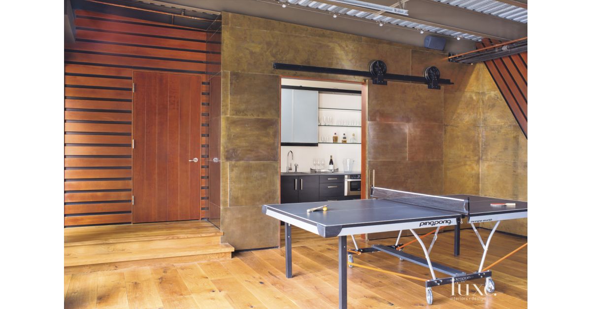 Neutral Mountain Rec Room Bar Luxe Interiors + Design