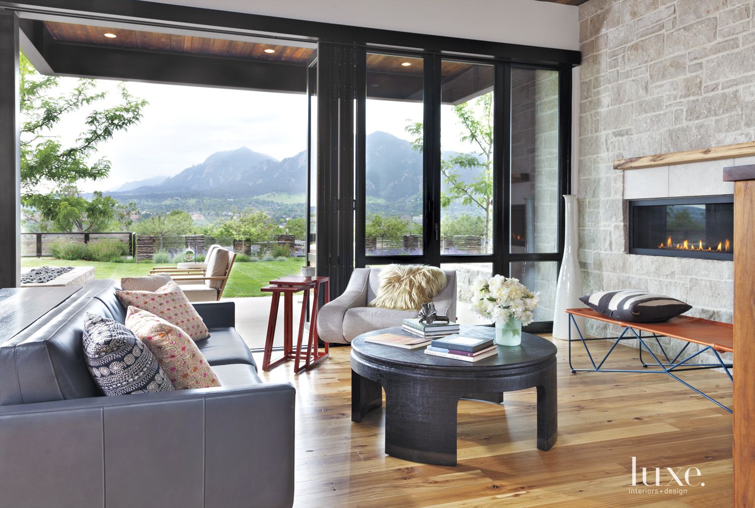 Contemporary Neutral Living Room With Accordion Doors Luxe