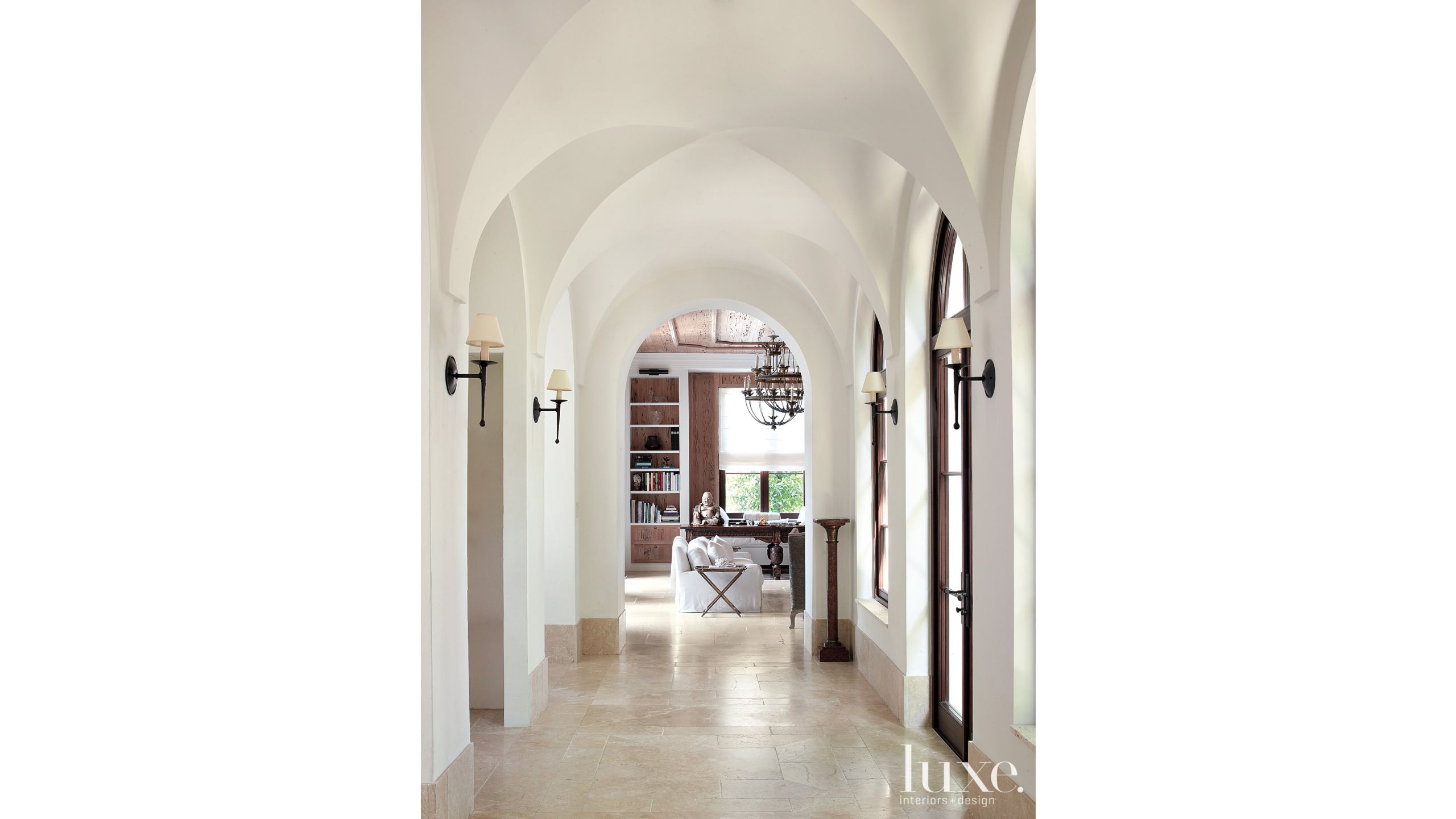 Mediterranean White Hallway With Groin Vaulted Ceiling Luxe