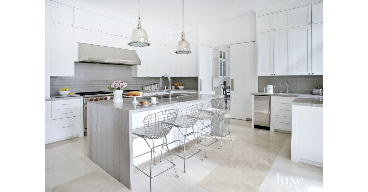 Contemporary White Kitchen with Gray Stone Backsplash and ...