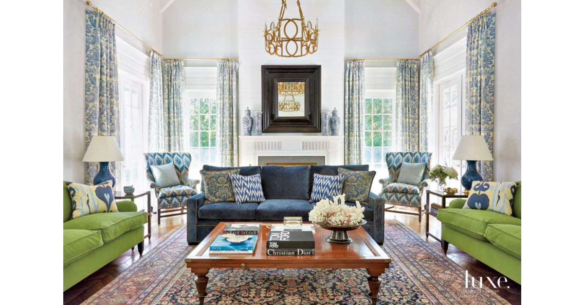 Traditional White Living Room  with Blue and Green Sofas 