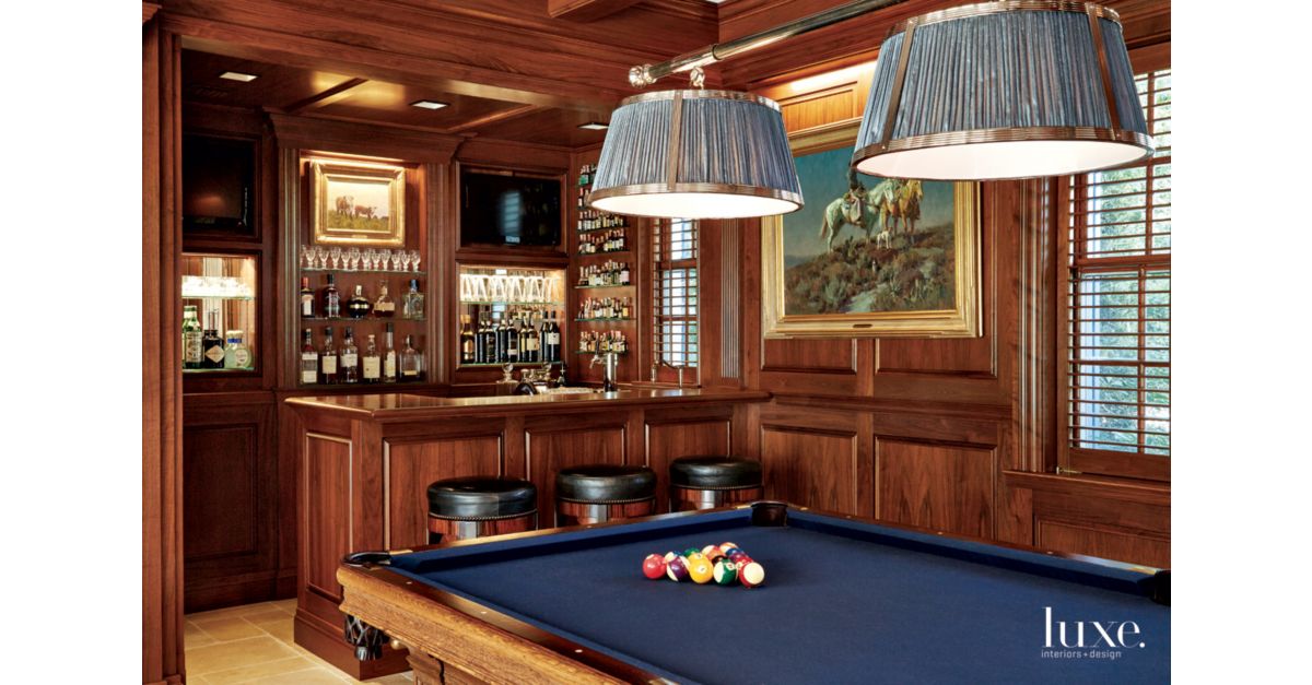 Traditional Brown Game Room with Walnut Paneling - Luxe Interiors + Design