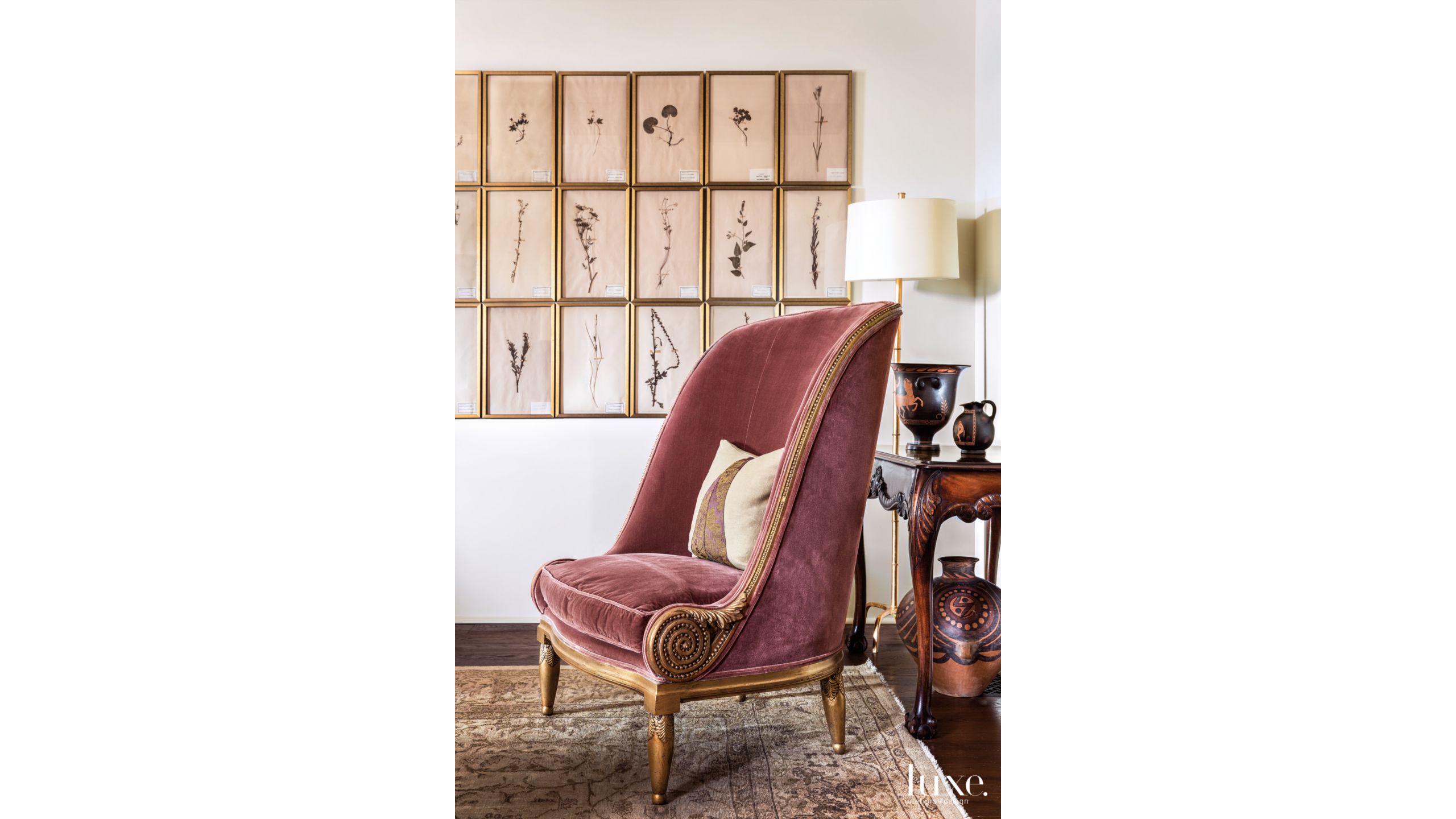 Traditional Cream Living Room Vignette With Gilt Chair Luxe