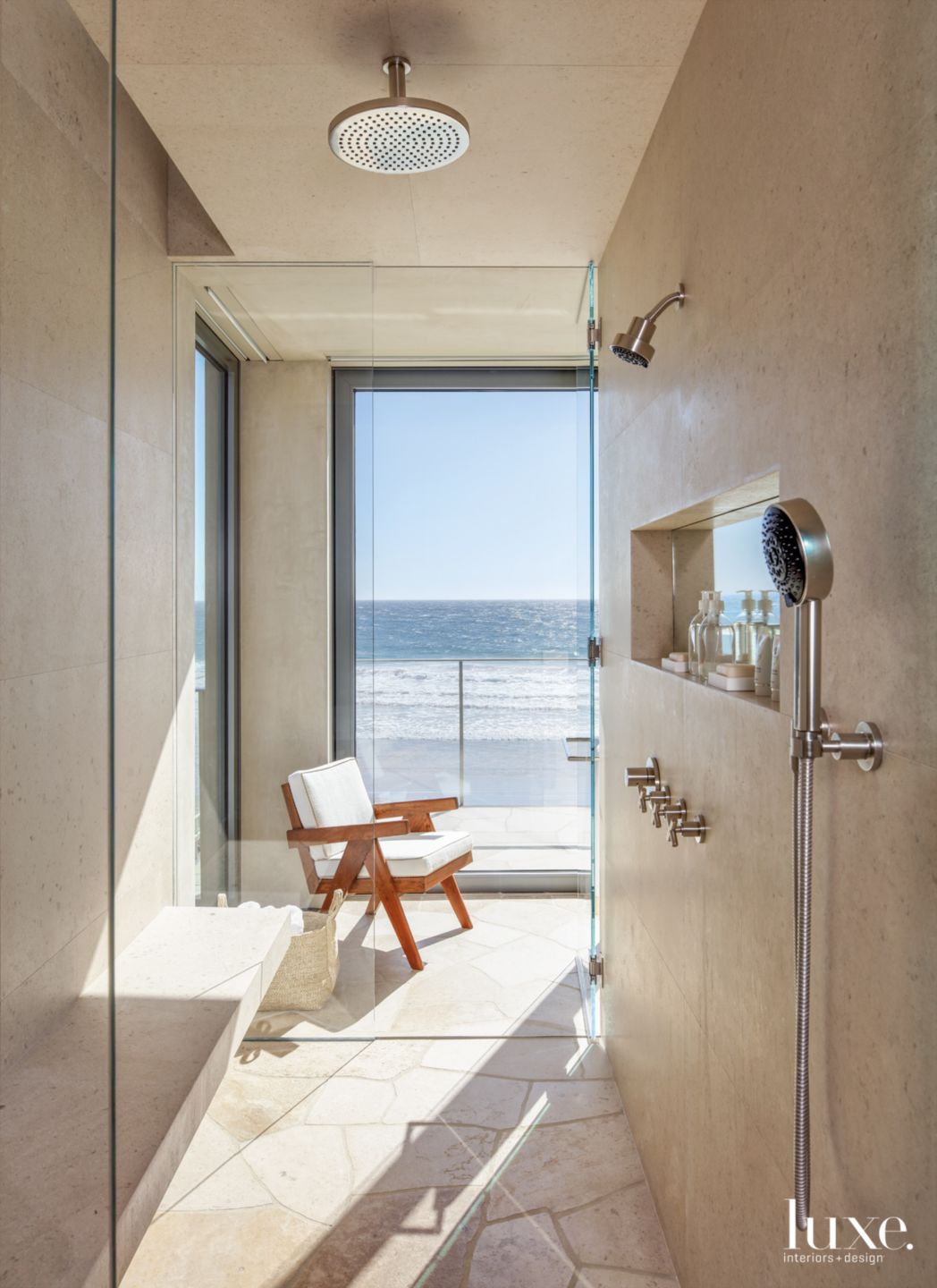 Contemporary Neutral Bathroom With Limestone Shower Walls