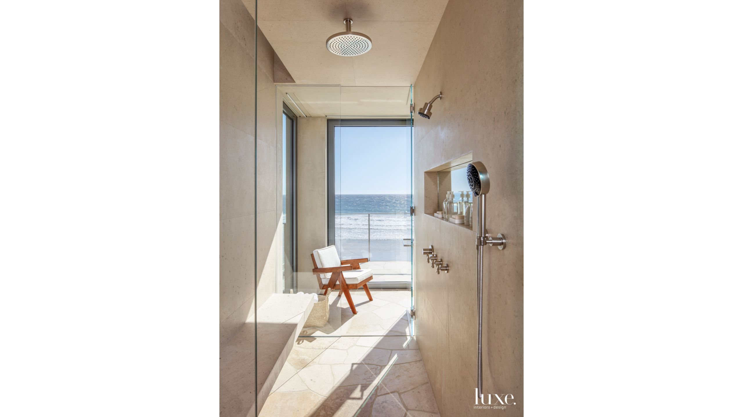 Contemporary Neutral Bathroom With Limestone Shower Walls