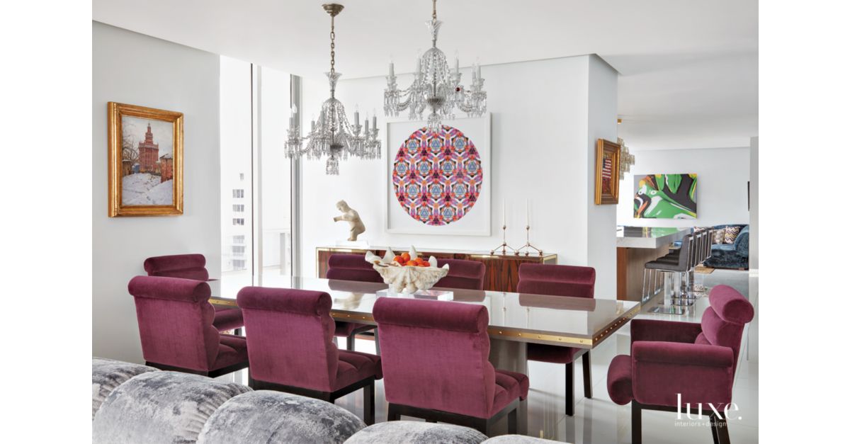 Contemporary White Dining Room with Plum-Colored Dining ...