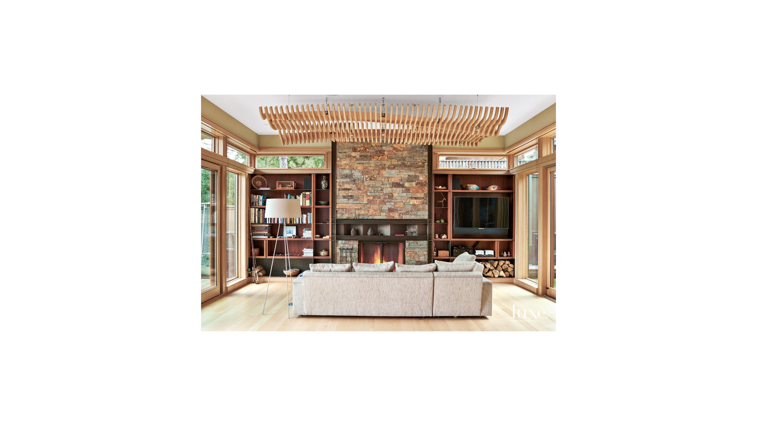 Modern Neutral Living Room With Wood Slat Ceiling Element