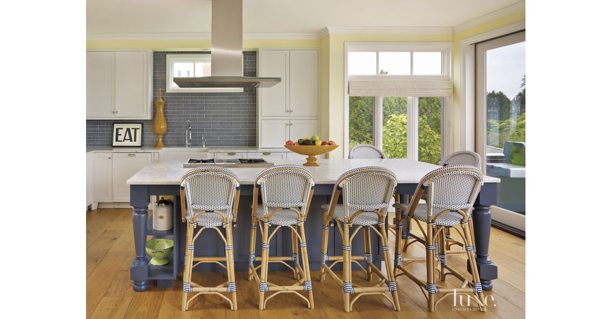 Contemporary Yellow Kitchen with Wicker Stools - Luxe 