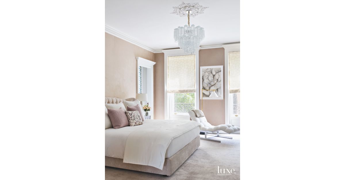 Beige Wall Master Bedroom with Doily Glass Chandelier and Chaise Lounge ...