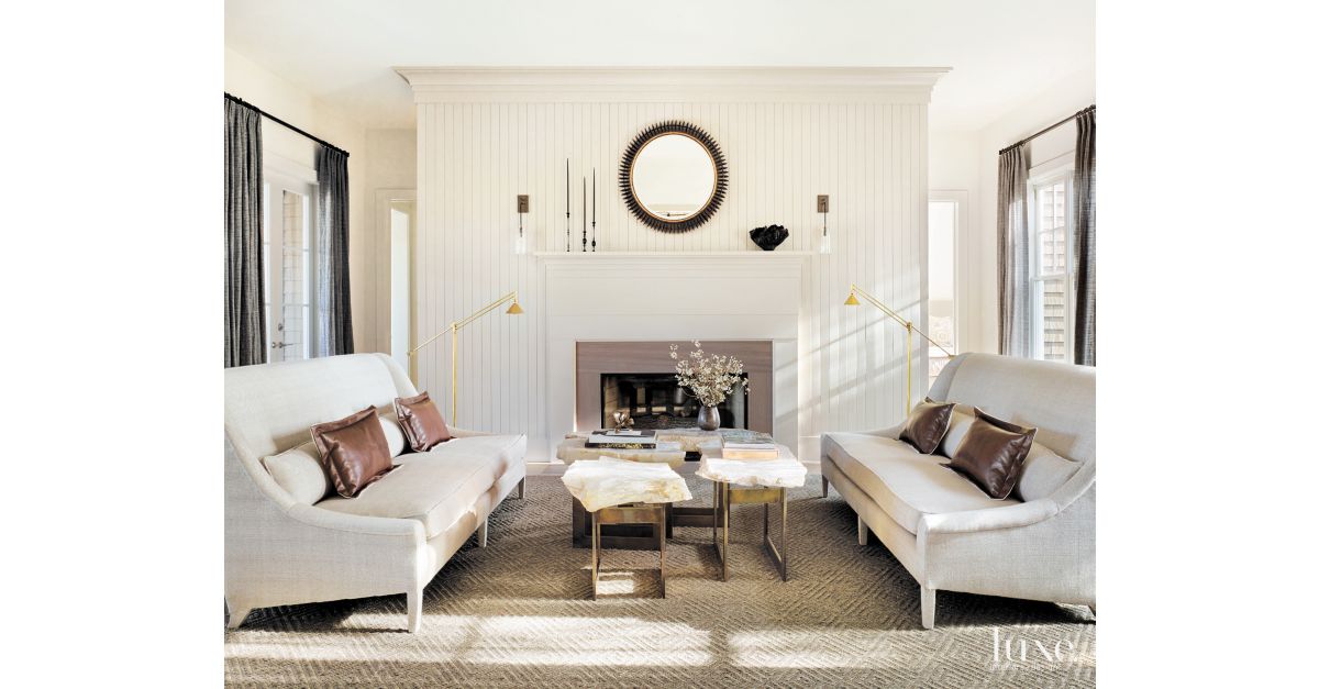 Contemporary Cream Living Room with Beadboard Accent Wall - Luxe