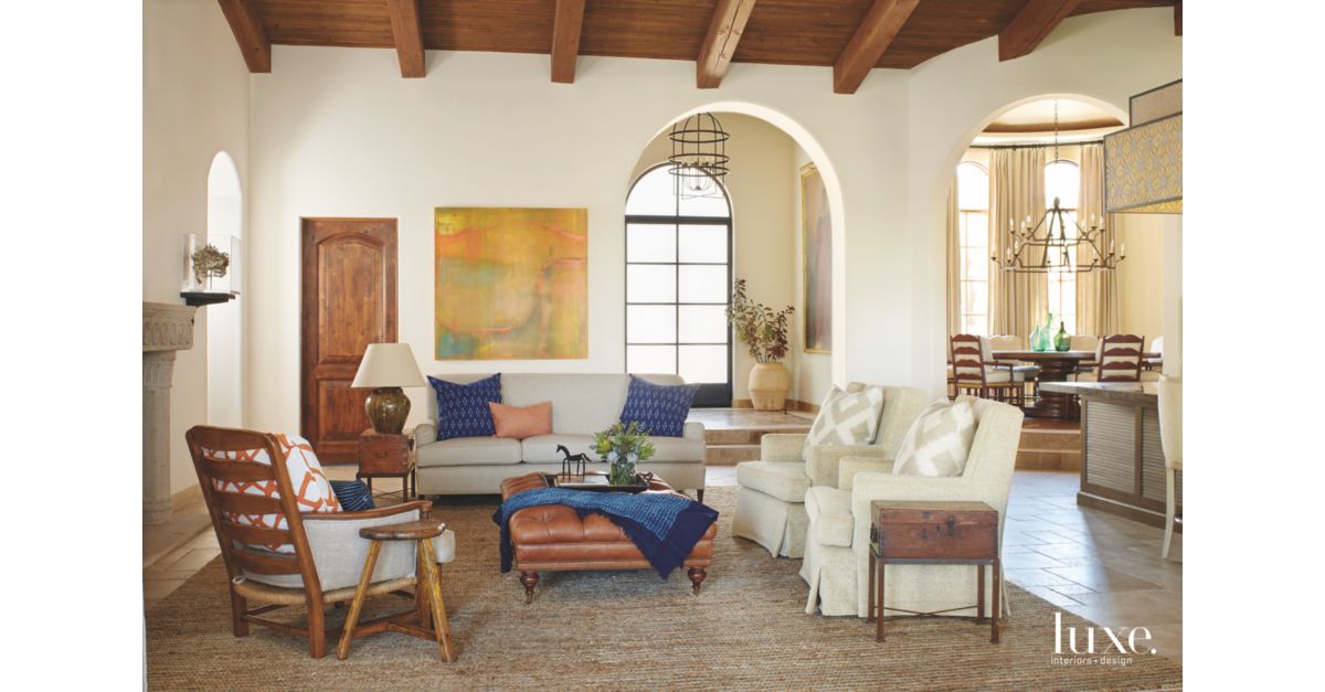Wooden Beam Vaulted Ceiling Living Rooms with Blue Pillows Throw and ...