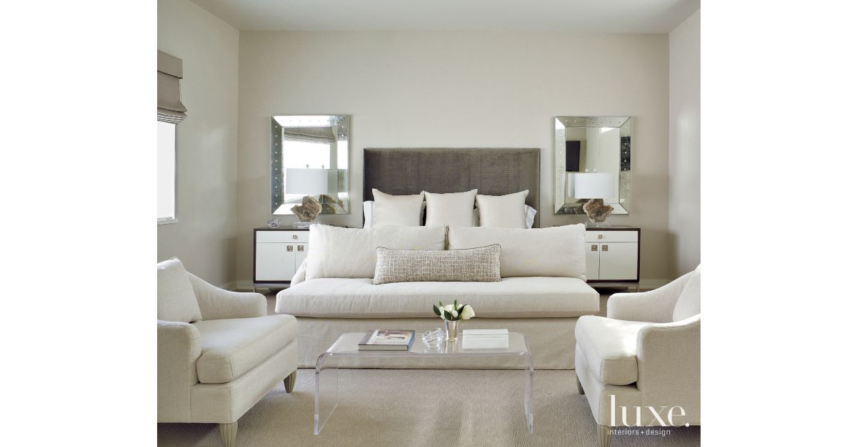 Neutral Modern Master Bedroom With Vintage Coffee Table